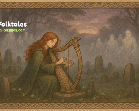An Irish girl plays a silver harp in a misty glen as spirits emerge behind her, surrounded by standing stones and Celtic motifs.