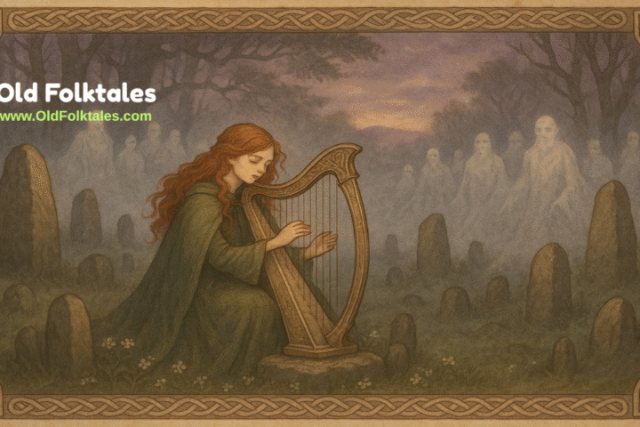 An Irish girl plays a silver harp in a misty glen as spirits emerge behind her, surrounded by standing stones and Celtic motifs.