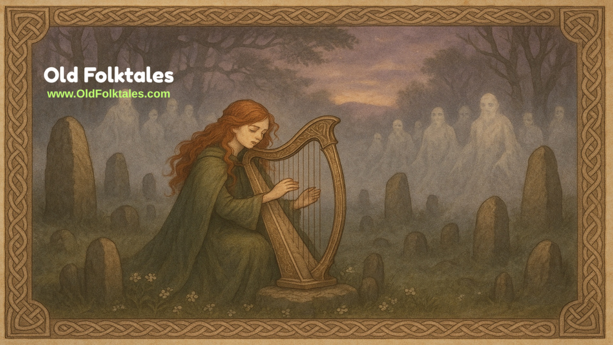 An Irish girl plays a silver harp in a misty glen as spirits emerge behind her, surrounded by standing stones and Celtic motifs.