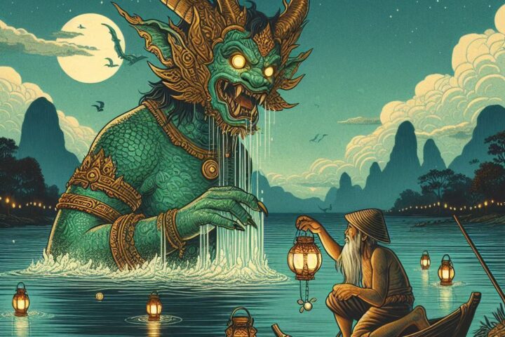 A Southeast Asian river spirit with golden horns and jade scales rises from the Mekong under a moonlit sky. An old fisherman kneels by the water with a pearl as floating lanterns drift downstream. A parchment-style folktale illustration inspired by Lao and Vietnamese myth.