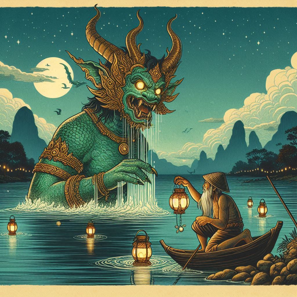 A Southeast Asian river spirit with golden horns and jade scales rises from the Mekong under a moonlit sky. An old fisherman kneels by the water with a pearl as floating lanterns drift downstream. A parchment-style folktale illustration inspired by Lao and Vietnamese myth.