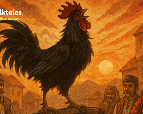 A black rooster crows in a Balkan village square at sunrise, as villagers watch with awe and fear.