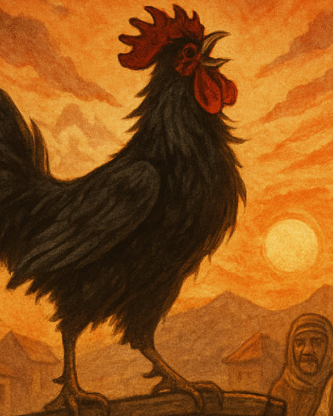 A black rooster crows in a Balkan village square at sunrise, as villagers watch with awe and fear.