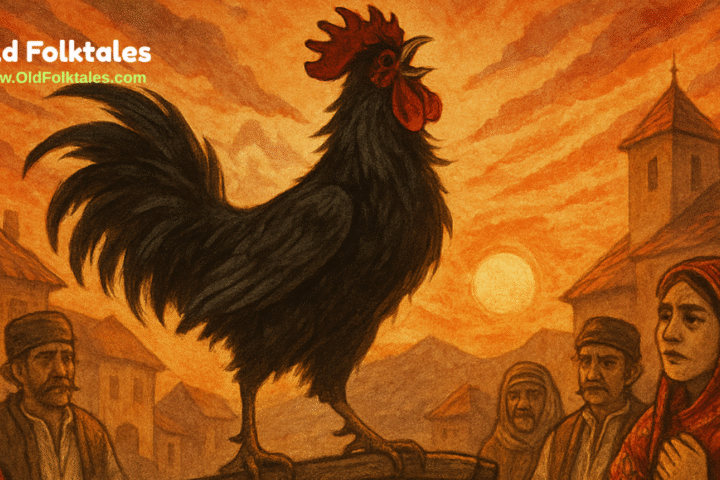 A black rooster crows in a Balkan village square at sunrise, as villagers watch with awe and fear.