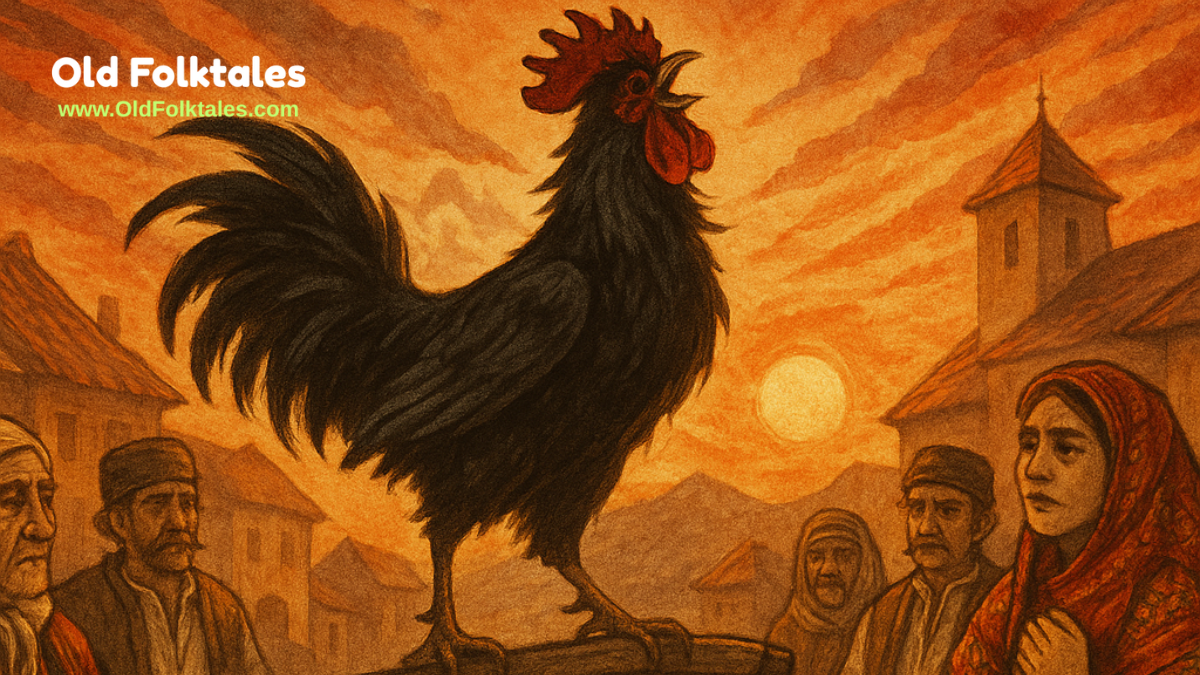 A black rooster crows in a Balkan village square at sunrise, as villagers watch with awe and fear.