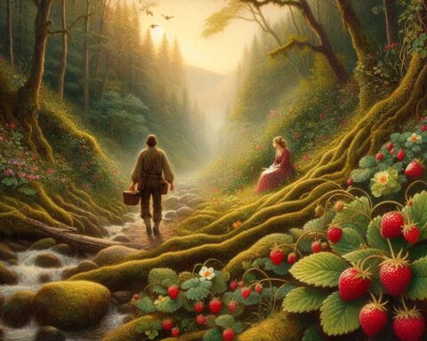 In a misty Appalachian forest, a man follows a trail of red strawberries to find his lost love by a quiet creek. Parchment-style illustration of romance, nature, and reconciliation in American folklore.