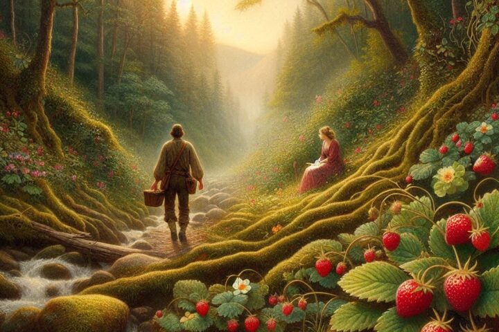 In a misty Appalachian forest, a man follows a trail of red strawberries to find his lost love by a quiet creek. Parchment-style illustration of romance, nature, and reconciliation in American folklore.