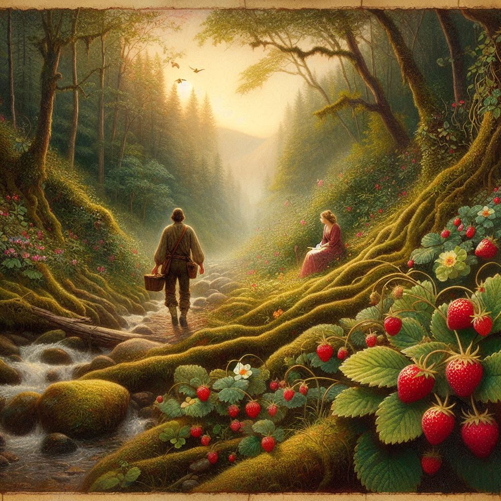 In a misty Appalachian forest, a man follows a trail of red strawberries to find his lost love by a quiet creek. Parchment-style illustration of romance, nature, and reconciliation in American folklore.