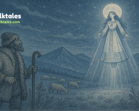A Romanian shepherd watches as a glowing moon princess descends from the sky over Carpathian meadows.