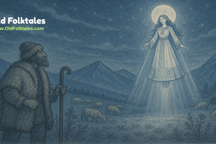 A Romanian shepherd watches as a glowing moon princess descends from the sky over Carpathian meadows.