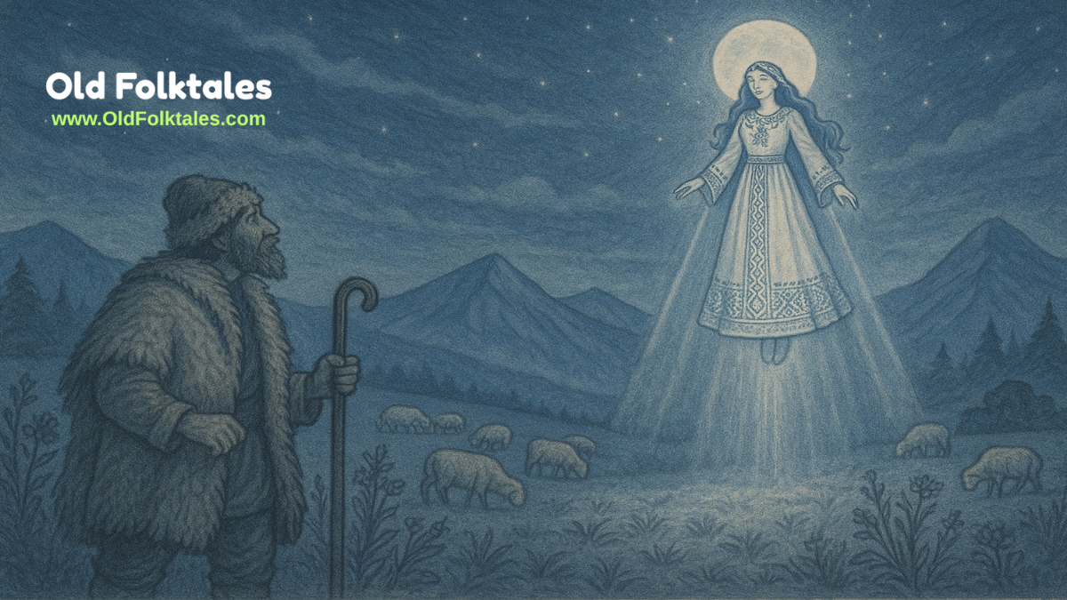 A Romanian shepherd watches as a glowing moon princess descends from the sky over Carpathian meadows.