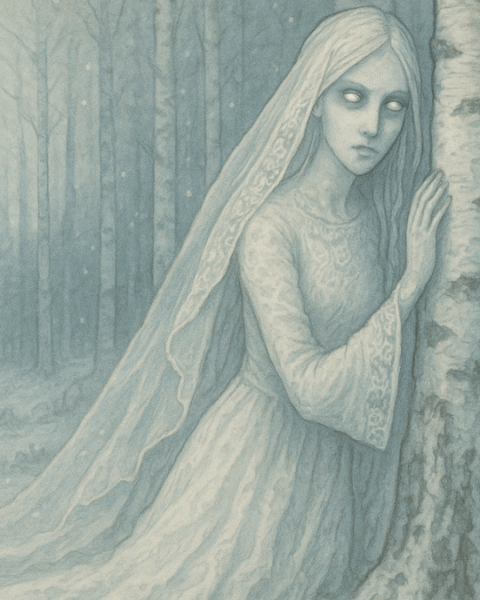 A ghostly Russian bride leans against a birch tree in a snowy forest, her form merging with the bark.