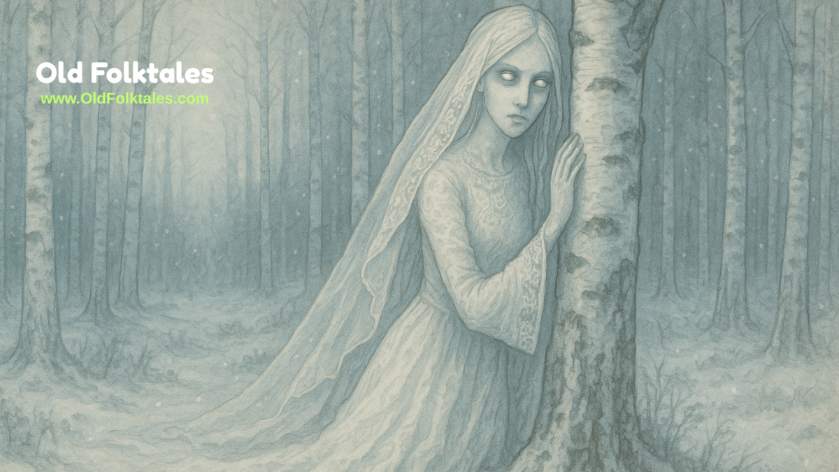 A ghostly Russian bride leans against a birch tree in a snowy forest, her form merging with the bark.
