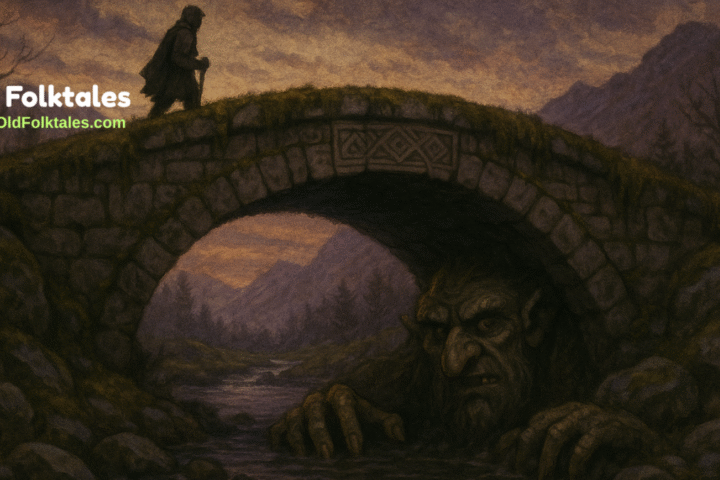 A Norwegian troll hides beneath a mossy stone bridge as a traveler passes overhead at dusk.