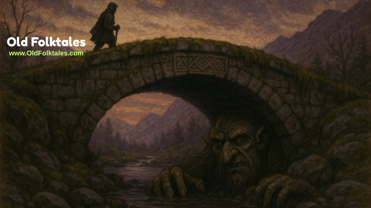 A Norwegian troll hides beneath a mossy stone bridge as a traveler passes overhead at dusk.
