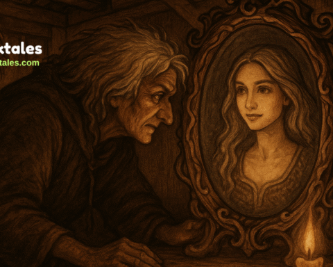 A witch in a rustic Bavarian cottage stares into a magical mirror that reveals a youthful version of herself.