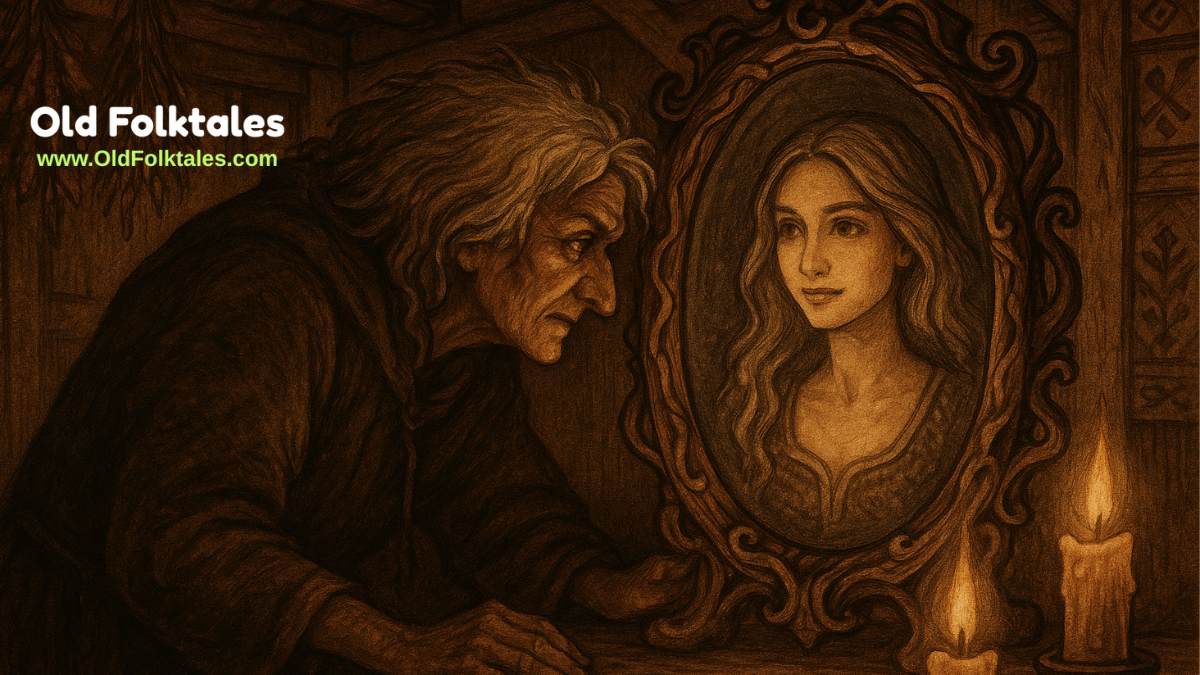 A witch in a rustic Bavarian cottage stares into a magical mirror that reveals a youthful version of herself.