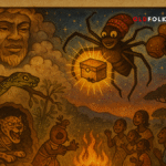 Anansi the Spider lowers from the sky with the golden box of stories, surrounded by the legendary creatures he captured through cleverness. A parchment-style Akan folktale illustration filled with West African spirit and wisdom.