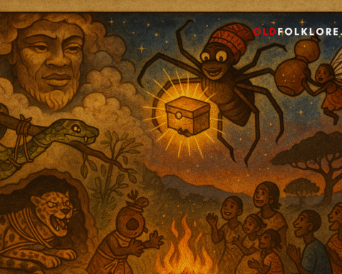 Anansi the Spider lowers from the sky with the golden box of stories, surrounded by the legendary creatures he captured through cleverness. A parchment-style Akan folktale illustration filled with West African spirit and wisdom.