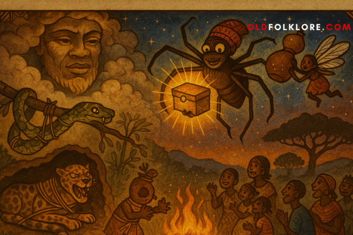Anansi the Spider lowers from the sky with the golden box of stories, surrounded by the legendary creatures he captured through cleverness. A parchment-style Akan folktale illustration filled with West African spirit and wisdom.