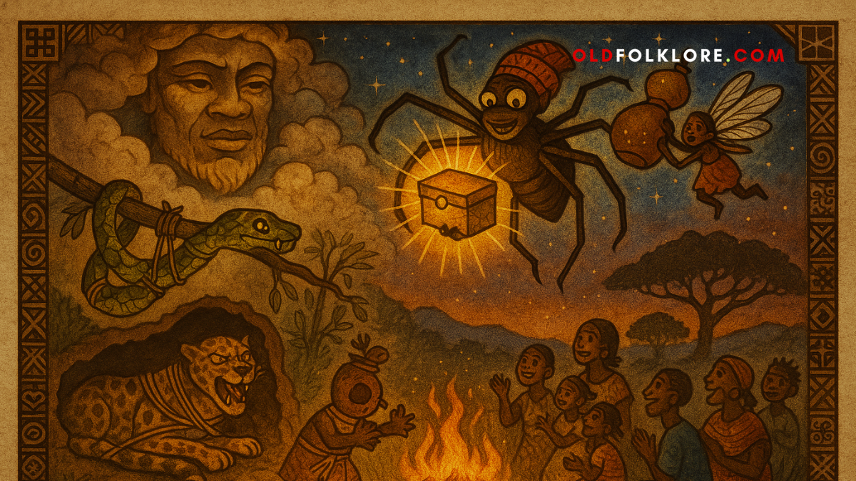 Anansi the Spider lowers from the sky with the golden box of stories, surrounded by the legendary creatures he captured through cleverness. A parchment-style Akan folktale illustration filled with West African spirit and wisdom.