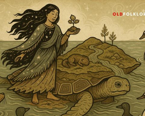 Sky Woman stands on Turtle’s back, forming the land from sacred mud brought by Muskrat. Surrounded by animals and ocean, this parchment-style illustration honors the Indigenous creation story of Turtle Island with reverent detail and earth-toned beauty.
