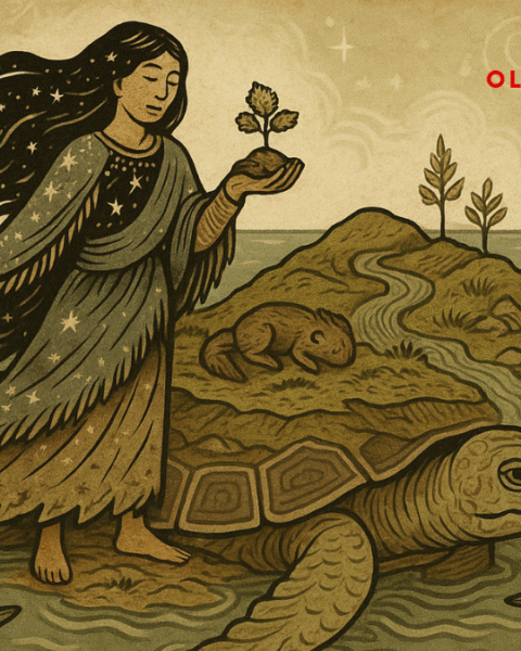 Sky Woman stands on Turtle’s back, forming the land from sacred mud brought by Muskrat. Surrounded by animals and ocean, this parchment-style illustration honors the Indigenous creation story of Turtle Island with reverent detail and earth-toned beauty.