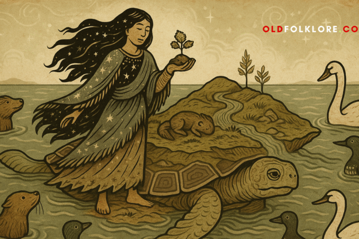 Sky Woman stands on Turtle’s back, forming the land from sacred mud brought by Muskrat. Surrounded by animals and ocean, this parchment-style illustration honors the Indigenous creation story of Turtle Island with reverent detail and earth-toned beauty.