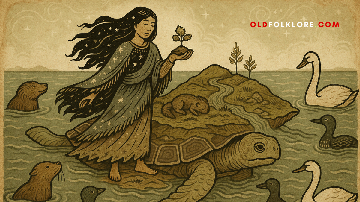 Sky Woman stands on Turtle’s back, forming the land from sacred mud brought by Muskrat. Surrounded by animals and ocean, this parchment-style illustration honors the Indigenous creation story of Turtle Island with reverent detail and earth-toned beauty.