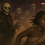 A girl runs barefoot through a haunted forest, fleeing a spirit skull she once married. This Yoruba folktale illustration uses parchment tones and African motifs to depict wisdom, vanity, and escape from the world of the dead.