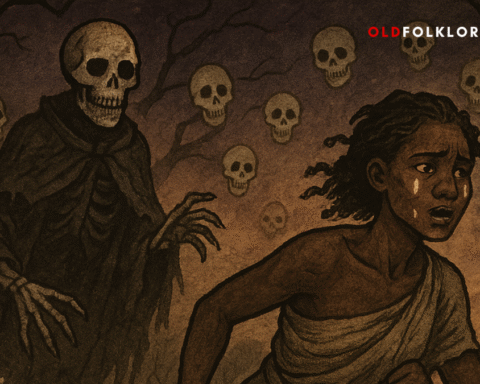 A girl runs barefoot through a haunted forest, fleeing a spirit skull she once married. This Yoruba folktale illustration uses parchment tones and African motifs to depict wisdom, vanity, and escape from the world of the dead.