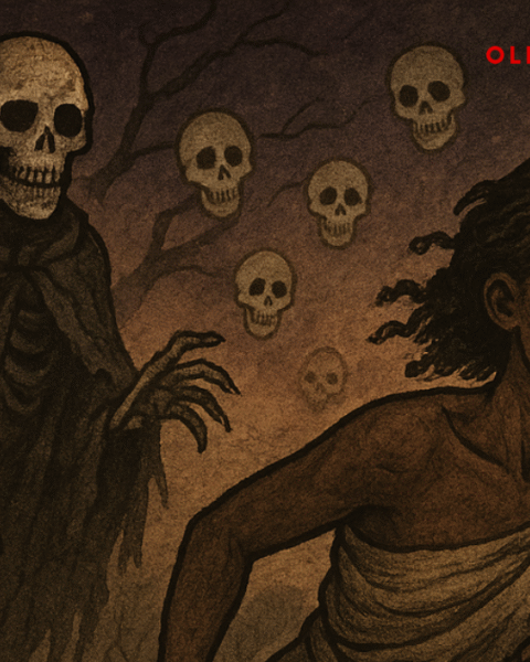 A girl runs barefoot through a haunted forest, fleeing a spirit skull she once married. This Yoruba folktale illustration uses parchment tones and African motifs to depict wisdom, vanity, and escape from the world of the dead.