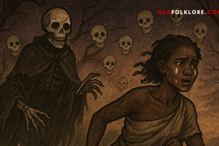 A girl runs barefoot through a haunted forest, fleeing a spirit skull she once married. This Yoruba folktale illustration uses parchment tones and African motifs to depict wisdom, vanity, and escape from the world of the dead.