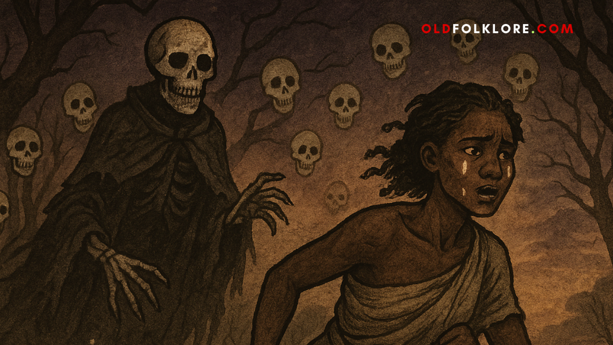 A girl runs barefoot through a haunted forest, fleeing a spirit skull she once married. This Yoruba folktale illustration uses parchment tones and African motifs to depict wisdom, vanity, and escape from the world of the dead.