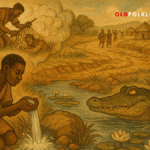 A young hunter discovers a hidden spring shown to him by a crocodile he once saved, in this warm Yoruba folktale illustration drawn in parchment tones. A tribute to kindness, gratitude, and river magic at the heart of Nigerian legend.