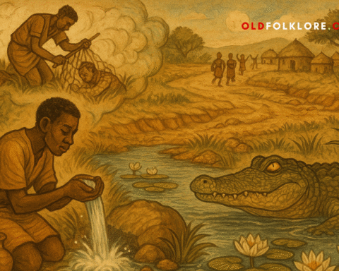 A young hunter discovers a hidden spring shown to him by a crocodile he once saved, in this warm Yoruba folktale illustration drawn in parchment tones. A tribute to kindness, gratitude, and river magic at the heart of Nigerian legend.