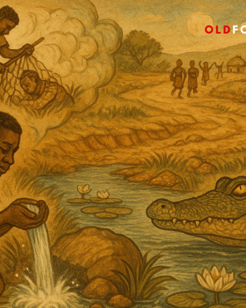 A young hunter discovers a hidden spring shown to him by a crocodile he once saved, in this warm Yoruba folktale illustration drawn in parchment tones. A tribute to kindness, gratitude, and river magic at the heart of Nigerian legend.