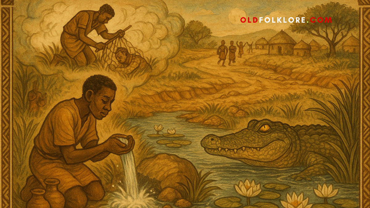A young hunter discovers a hidden spring shown to him by a crocodile he once saved, in this warm Yoruba folktale illustration drawn in parchment tones. A tribute to kindness, gratitude, and river magic at the heart of Nigerian legend.