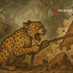 Tortoise dines cautiously beside Leopard’s fire, a rope tied to his shell as a hidden escape plan. This Igbo folktale artwork blends West African forest lore with parchment textures and tribal designs.