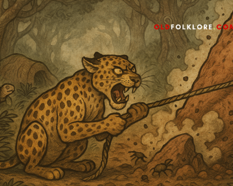 Tortoise dines cautiously beside Leopard’s fire, a rope tied to his shell as a hidden escape plan. This Igbo folktale artwork blends West African forest lore with parchment textures and tribal designs.
