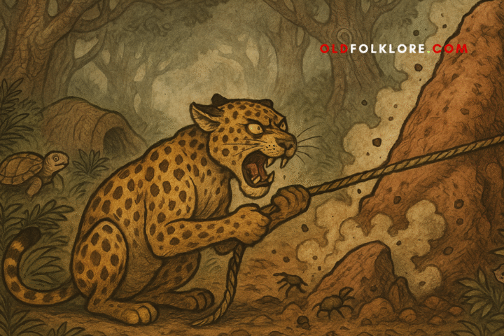 Tortoise dines cautiously beside Leopard’s fire, a rope tied to his shell as a hidden escape plan. This Igbo folktale artwork blends West African forest lore with parchment textures and tribal designs.