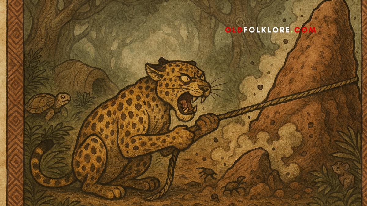 Tortoise dines cautiously beside Leopard’s fire, a rope tied to his shell as a hidden escape plan. This Igbo folktale artwork blends West African forest lore with parchment textures and tribal designs.