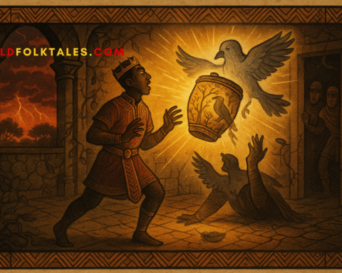 A cursed prince is transformed into a sorrowful gray bird by a magical drum glowing with forest power. This parchment-style Ewe folktale illustration captures greed, humility, and nature’s retribution in royal West African myth.