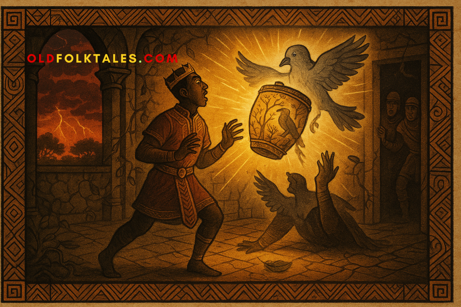 A cursed prince is transformed into a sorrowful gray bird by a magical drum glowing with forest power. This parchment-style Ewe folktale illustration captures greed, humility, and nature’s retribution in royal West African myth.