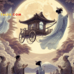 Princess Kaguya bows in farewell to her Earth parents as celestial beings descend in moonlight to return her to the heavens. A parchment-style Japanese folktale illustration rich in sorrow, beauty, and legend.