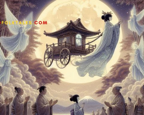 Princess Kaguya bows in farewell to her Earth parents as celestial beings descend in moonlight to return her to the heavens. A parchment-style Japanese folktale illustration rich in sorrow, beauty, and legend.