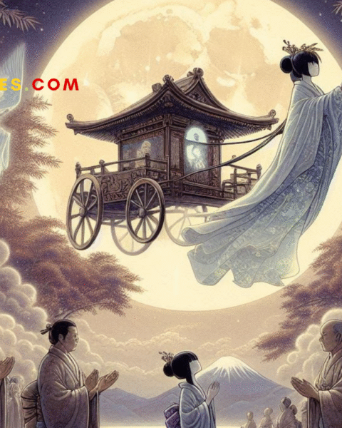 Princess Kaguya bows in farewell to her Earth parents as celestial beings descend in moonlight to return her to the heavens. A parchment-style Japanese folktale illustration rich in sorrow, beauty, and legend.