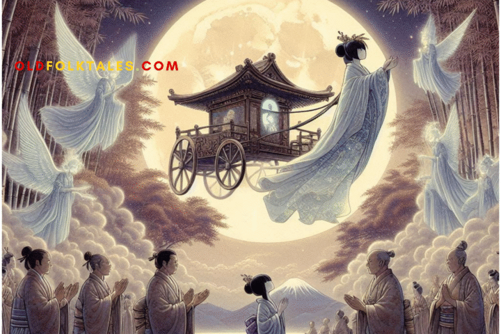 Princess Kaguya bows in farewell to her Earth parents as celestial beings descend in moonlight to return her to the heavens. A parchment-style Japanese folktale illustration rich in sorrow, beauty, and legend.