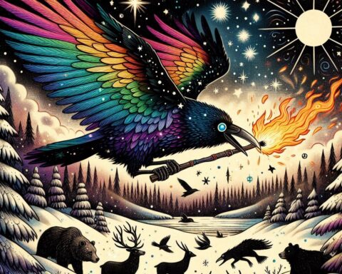 Rainbow Crow soars through the starry sky with a burning stick in his beak, his brilliant feathers blackening as he brings fire to a frozen world. A Lenape folktale illustration of courage, sacrifice, and the origin of warmth.