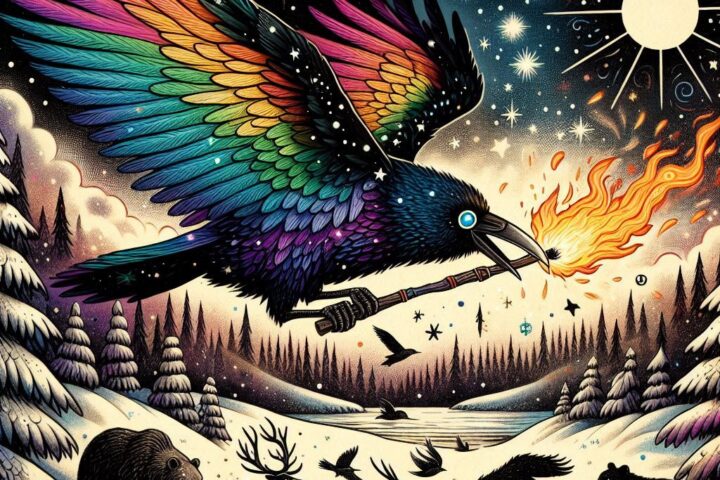 Rainbow Crow soars through the starry sky with a burning stick in his beak, his brilliant feathers blackening as he brings fire to a frozen world. A Lenape folktale illustration of courage, sacrifice, and the origin of warmth.